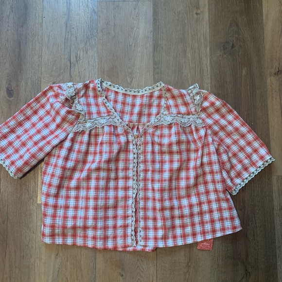 Red Plaid Lace-Trimmed Blouse - Picture 8 of 9